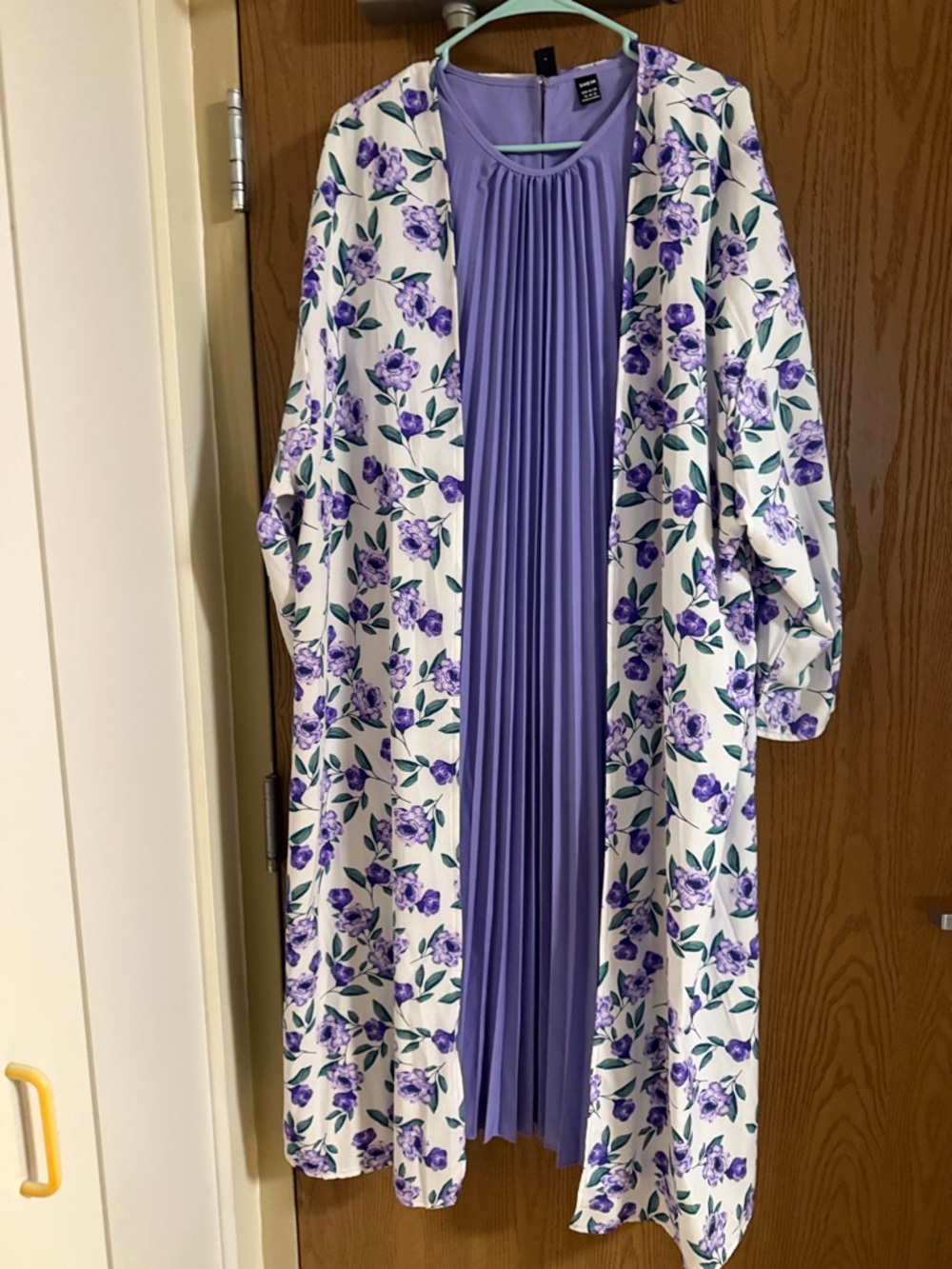 Purple Pleated Dress with Floral Duster